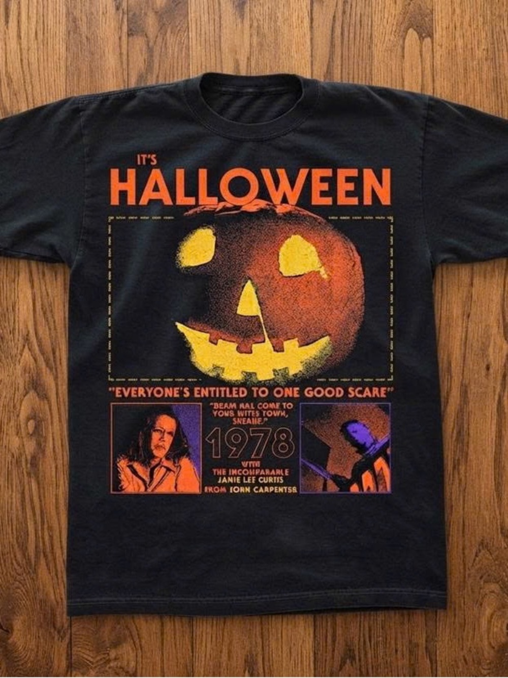 Black Halloween Pumpkin Graphic Tee with Orange & Yellow Print